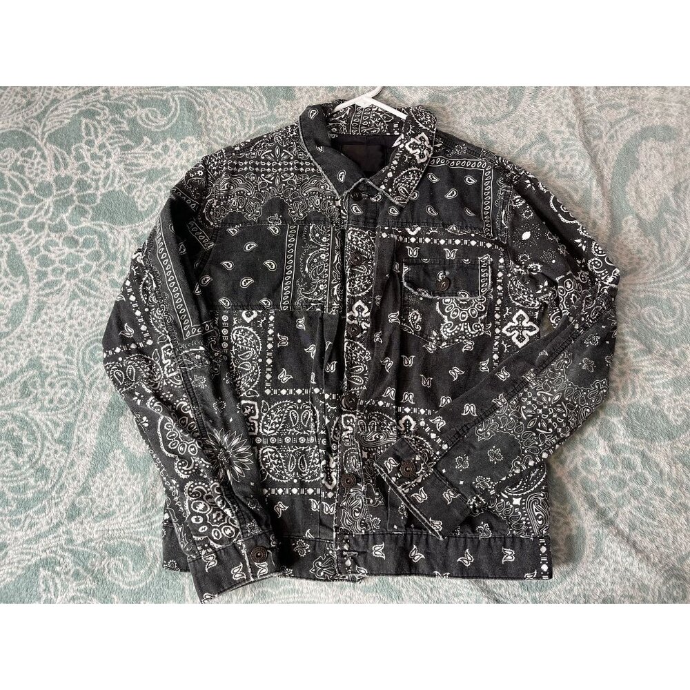 VALABASAS Black‎ White Bandana Print Denim Jacket Size S